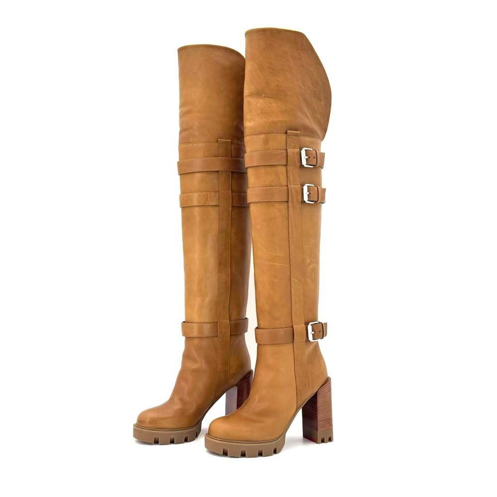Christian Louboutin Over-the-Knee Leather Boots in Tan